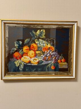 VINTAGE Needlepoint Still Life Framed Art Velvet Mat Fruit 1970s Cottagecore